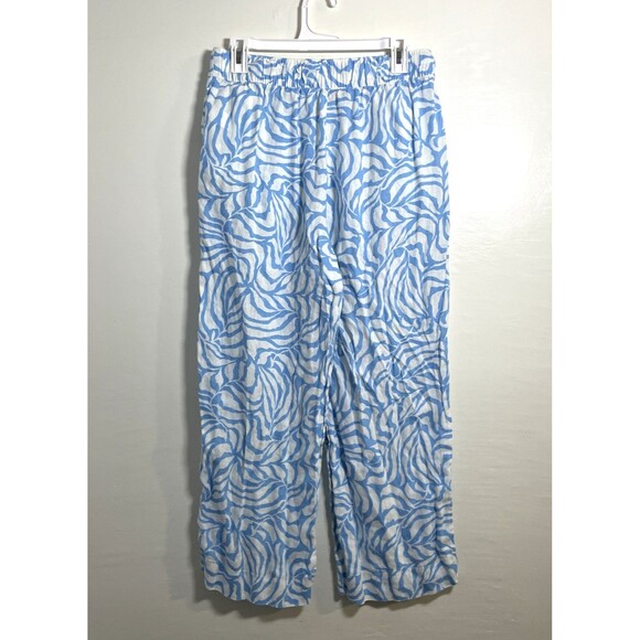 Tahari Women's 100% Linen Blue White Cropped Pants Wide Leg Geometric Sz Medium - Picture 2 of 10